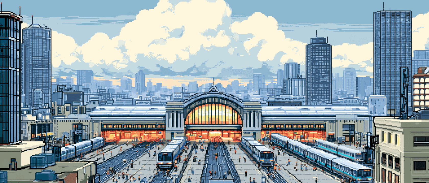A grand central railway station glowing at the heart of a city, train lines converging into it from every direction