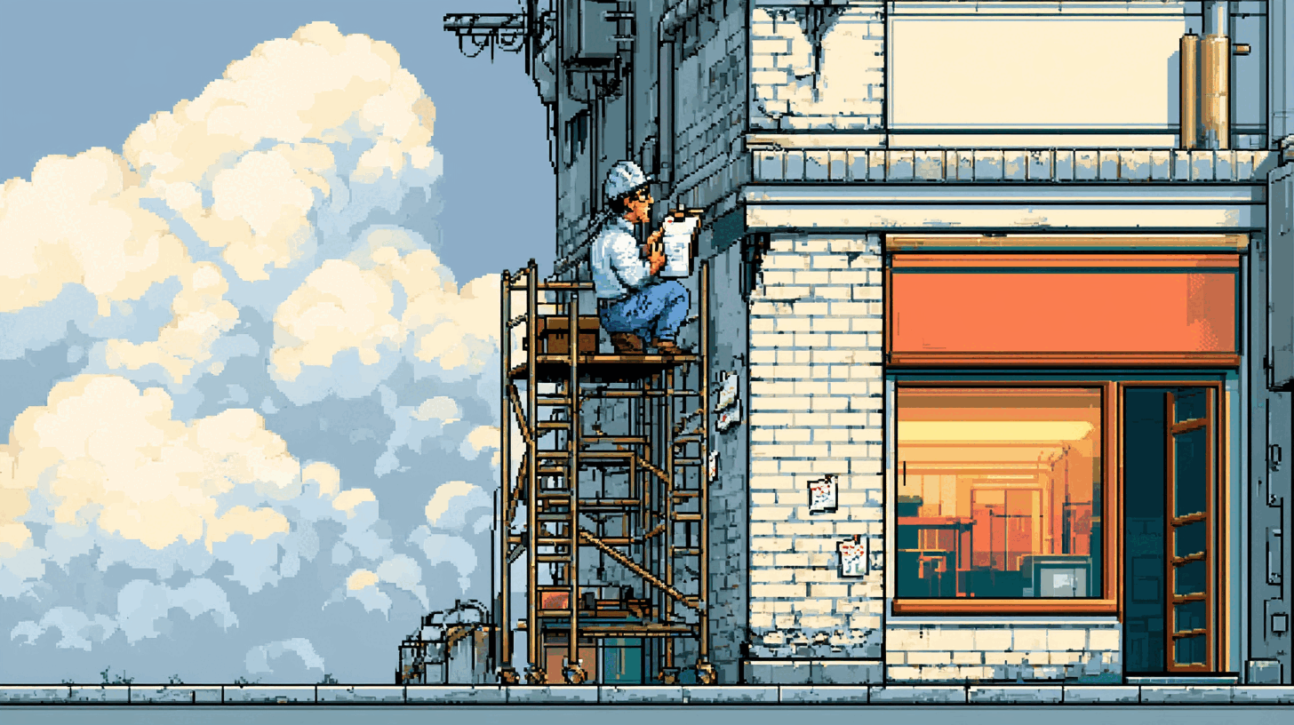 A building inspector on a scaffold closely reading a storefront facade, clipboard in hand