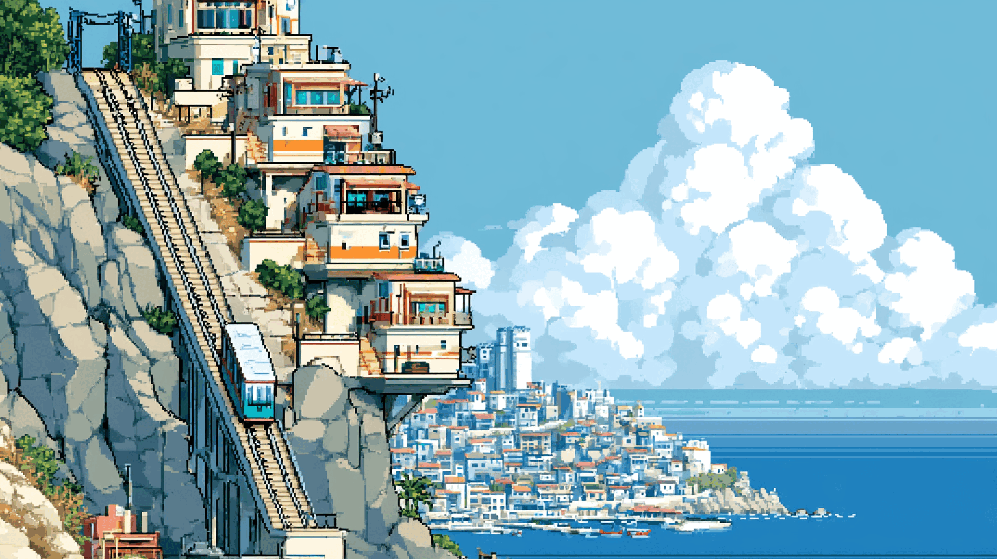 A funicular railway climbing a seaside cliff, station by station, from the harbor town to the top